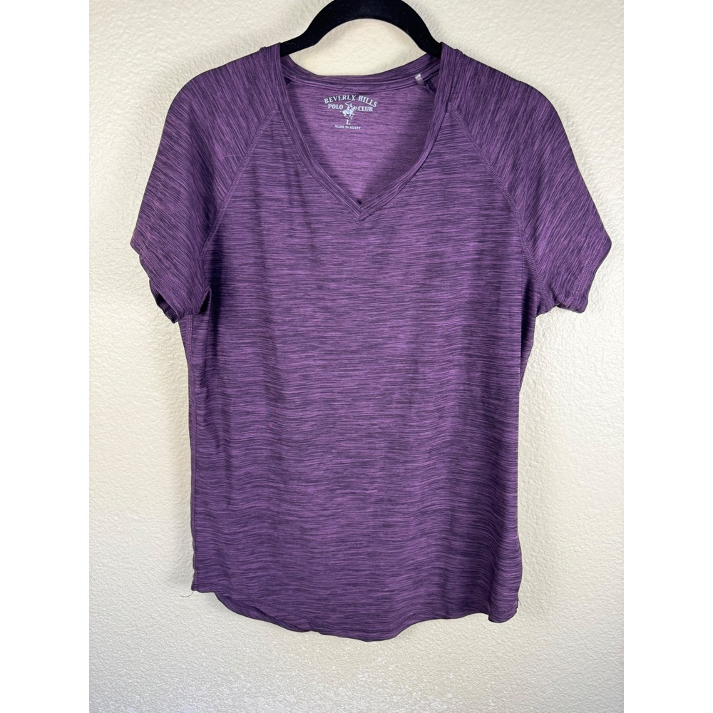 Beverly Hills Polo Club Tee Womens Large Purple Space Dye V Neck Athletic Short